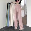 Women Straight Leg Silk Satin Suit Pants Lady Baggy Office High Waisted Trousers Female Elastic Wide Leg Blue Pink Green Slacks