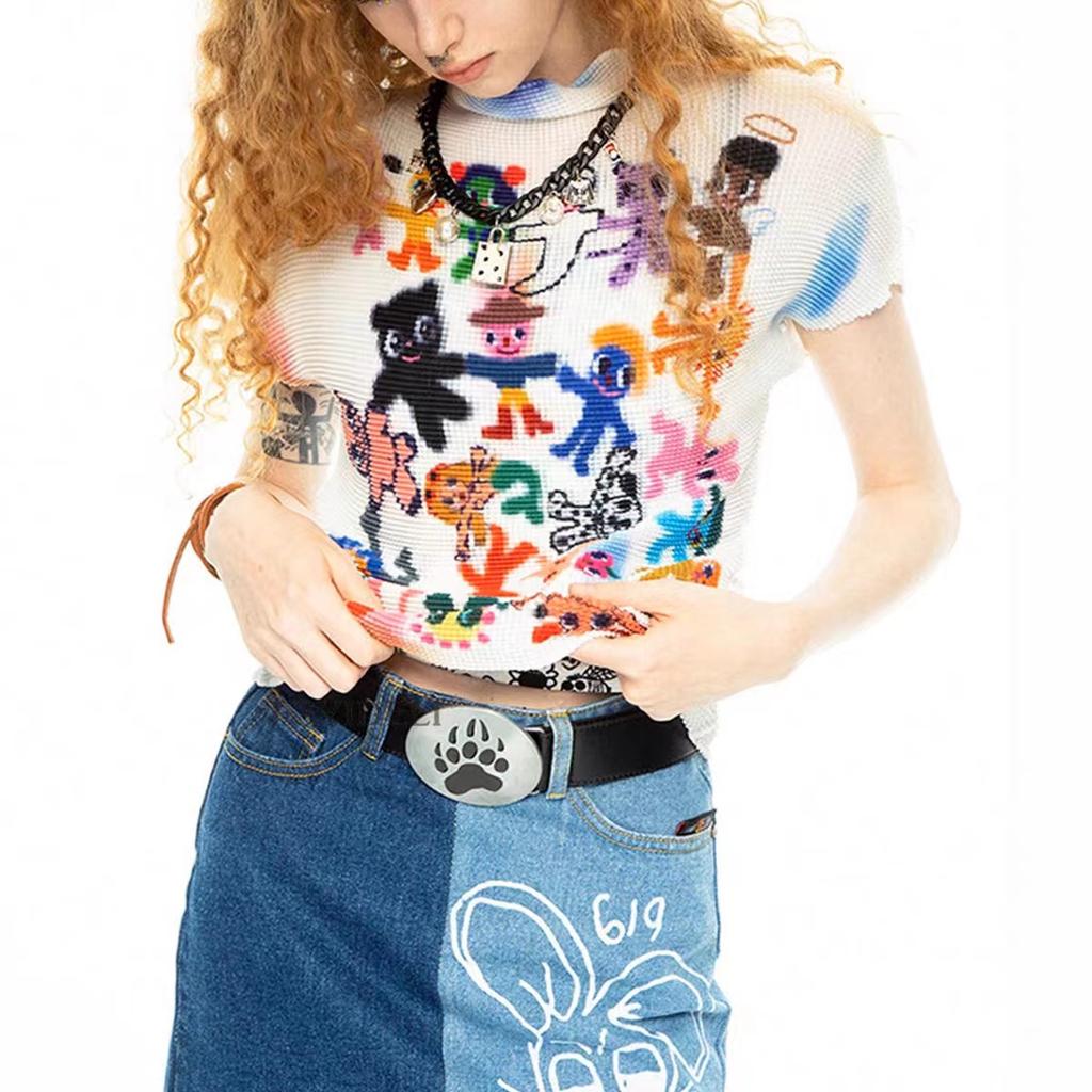 Женские облегающие футболки с коротким рукавом, футболки с принтом тай-дай, эластичные укороченные топы Goblin Core 2000-х годов, кокетка Gyaru Aesthetic Kpop Kawaii Summer