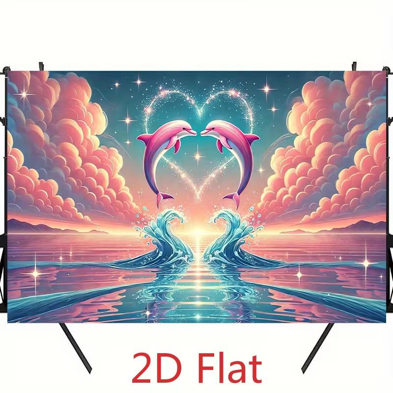 2D Pink Dolphin Heart Backdrop, Romantic Ocean Sunset Photography Backgr