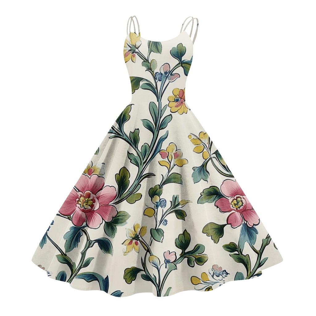 Women's Casual Fashion Flower Print Sexy Off Shoulder Punk Retro Dress Retro Dress Dress