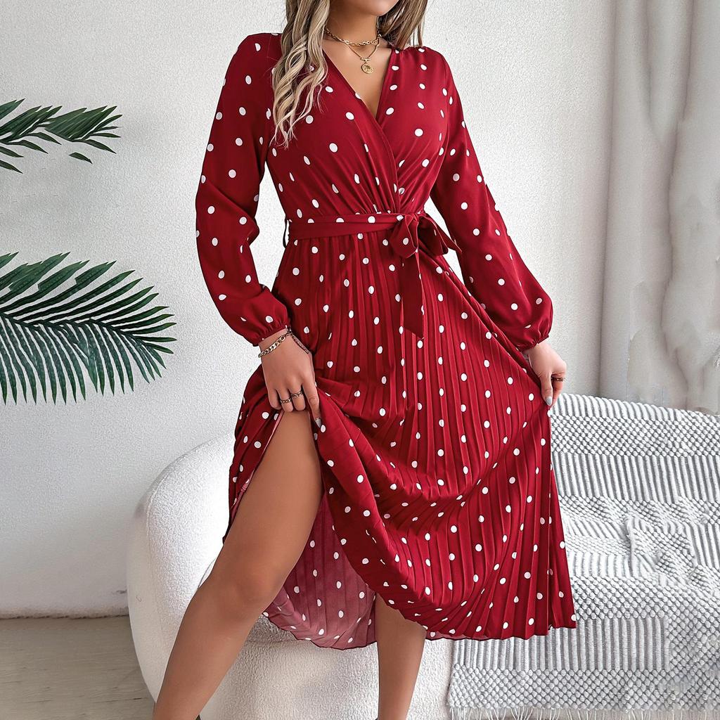 Осень-зима Женское длинное платье в горошек с завышенной талией и длинными рукавами