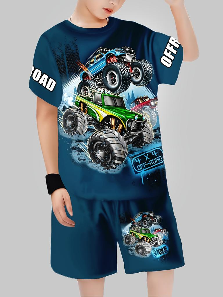 3D Monster Truck Print Casual Short Sleeve T-Shirt and Shorts Fashion Set for Summer Play Casual Shorts Boys and Girls Set