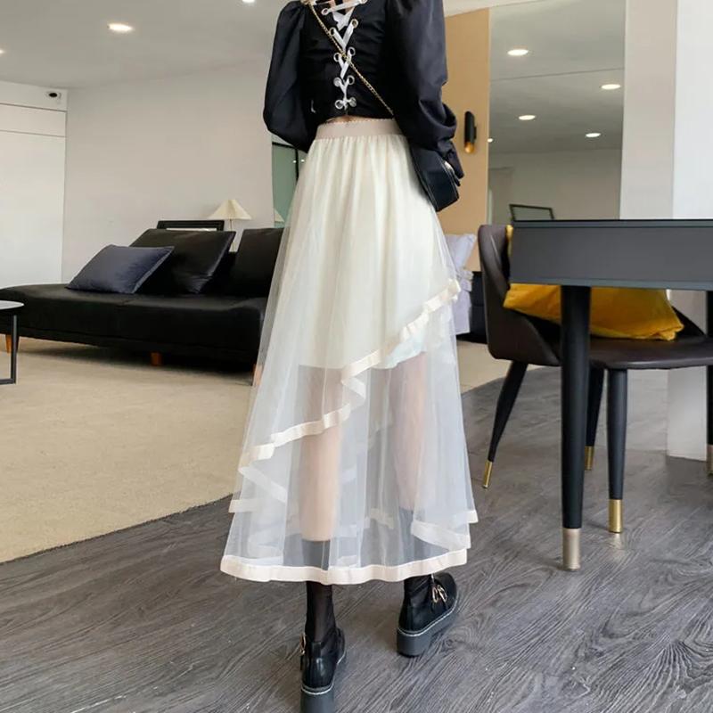 Женские юбки, однотонная корейская асимметричная сетчатая юбка, летние милые уютные свободные юбки, повседневная универсальная юбка с высокой талией