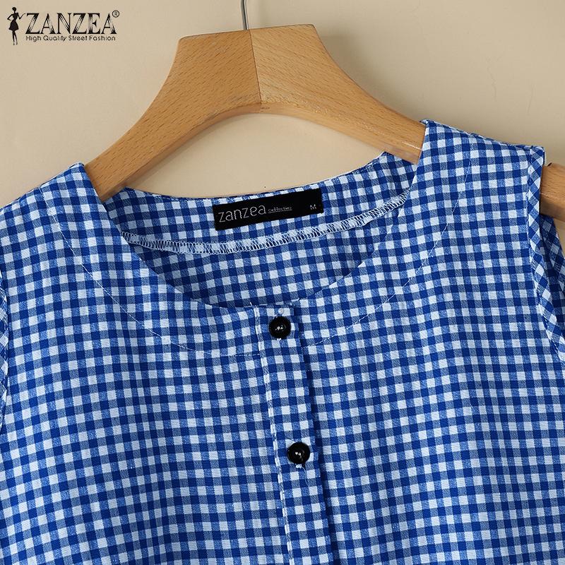 ZANZEA Женские летние рубашки без рукавов с круглым вырезом в контрастную клетку