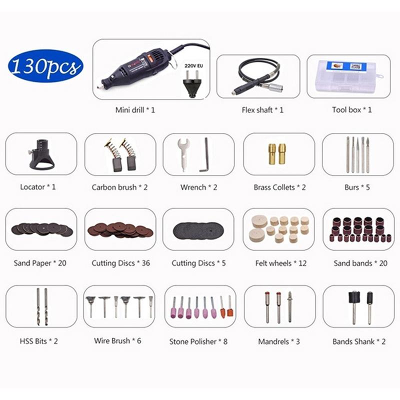 Электрическая мини-дрель, роторная шлифовальная машина, полировка сверла своими руками с 6/130 шт. аксессуарами