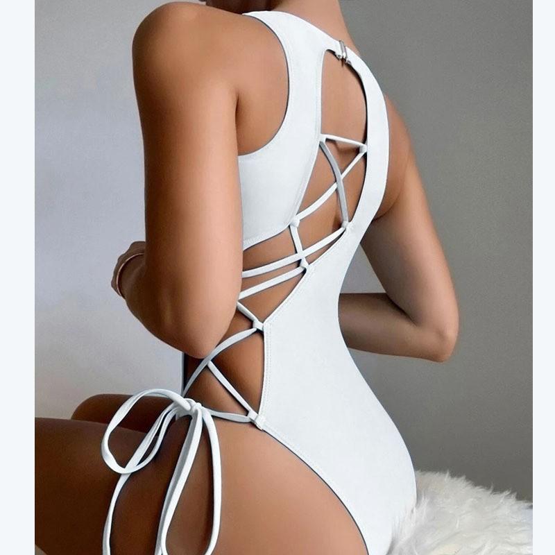Women's One-Piece Fashion Lace-Up Sexy Solid Color Swimsuit (With Chest Pad Without Steel Bra)