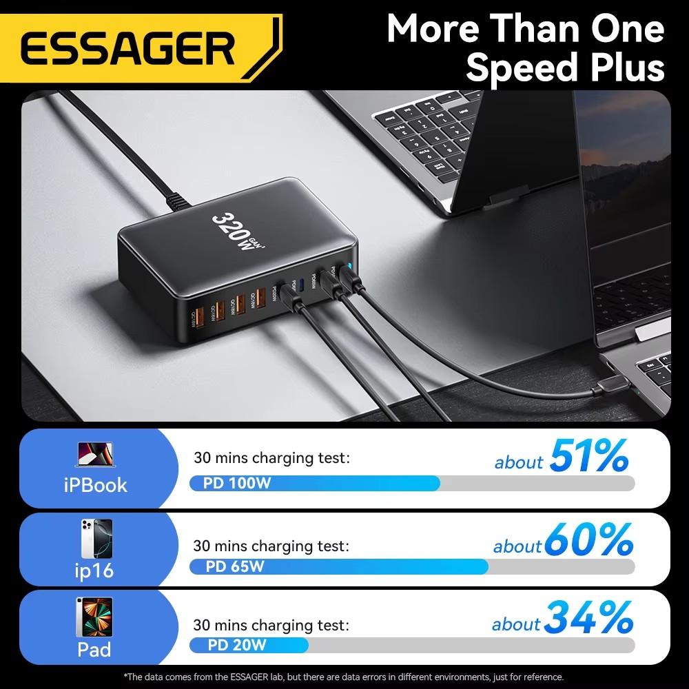Essager 320 Вт GaN Fast Desktop 8-портовое USB Type C PD зарядное устройство Быстрая зарядка для iPhone 16 15 14 13 Huawei Samsung Xiaomi Laptop iPad