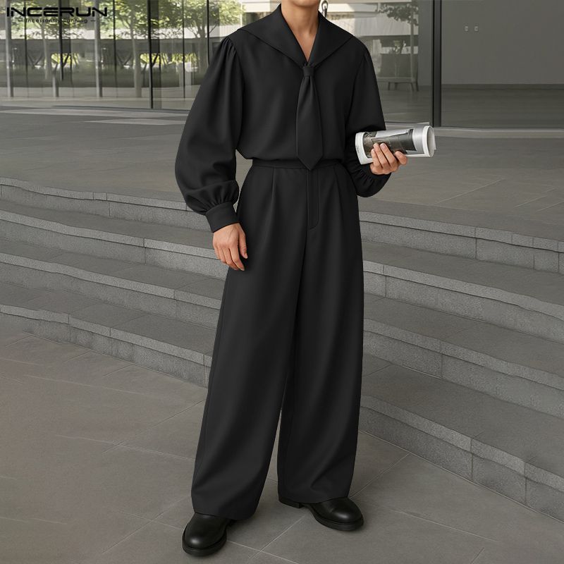 INCERUN Мужские костюмы оверсайз с морским воротником, рубашки с длинным рукавом, длинные брюки, повседневные двойки