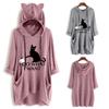 Women Casual Print Cat Ear Hooded Long Sleeves Pocket Irregular Top Blouse Shirt