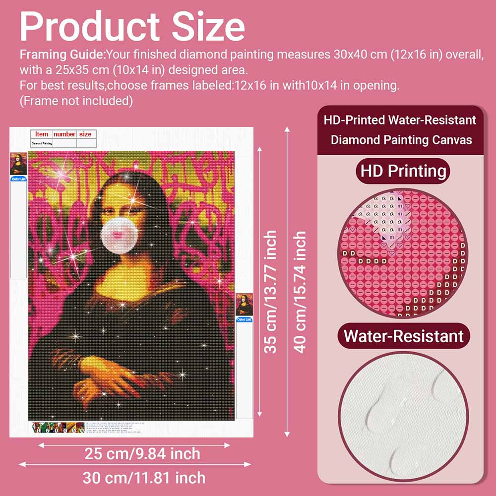 5D Diamond Painting Kit. Mona Lisa Blowing Bubble Gum Art. DIY Diamond Mosaic Craft. Handmade Home Decoration for Living Room and Bedroom