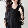 MODIQUE, летние большие размеры, женская хлопково-льняная шифоновая блузка, рубашки, однотонные летние пальто, большие размеры, с v-образным вырезом и половиной рукавов, на пуговицах