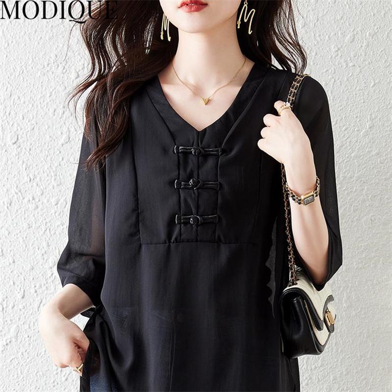 MODIQUE, летние большие размеры, женская хлопково-льняная шифоновая блузка, рубашки, однотонные летние пальто, большие размеры, с v-образным вырезом и половиной рукавов, на пуговицах