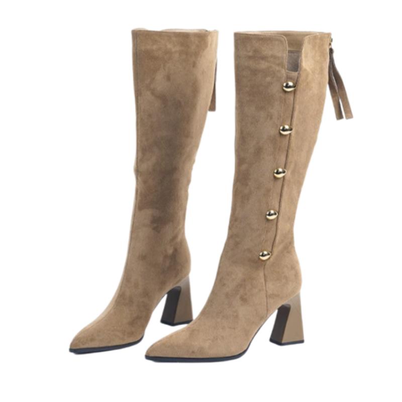 Модные высокие сапоги до колена, женские замшевые туфли с острым носком и высоким каблуком, зимние трендовые готические туфли челси, массивные ботинки Mujer
