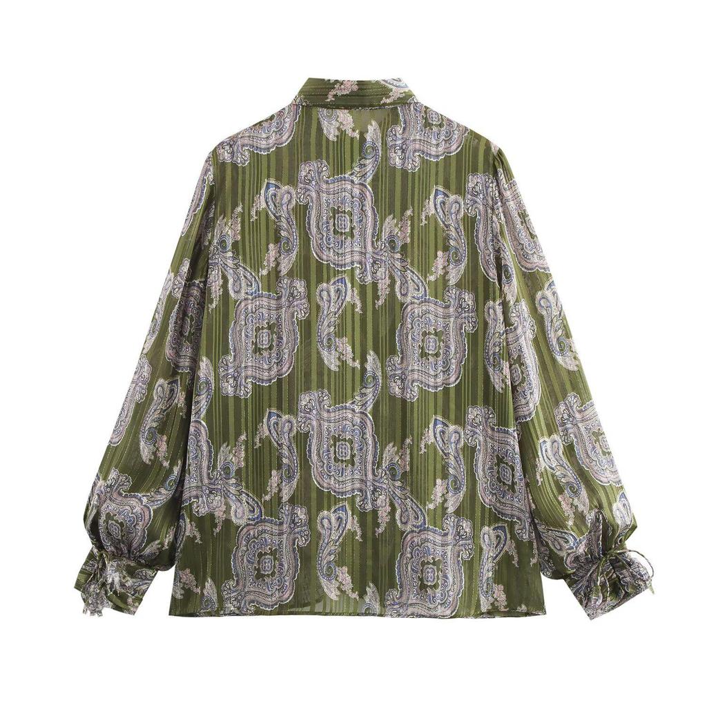 2025 Весна Женская рубашка с отложным воротником и принтом из металлизированной нити