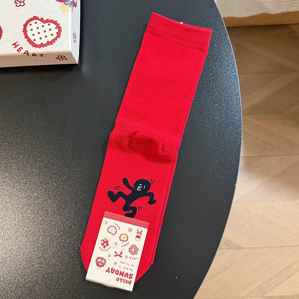 26 New Year'S Red Calf Socks Women'S Sole Villain Embroidery Autumn And Winter Mid-Tube Stacking Socks Natal Year Contrasting Cotton Socks