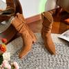 Большой размер -4 ковбойские сапоги женские осенние новые остроносые на толстом каблуке плиссированные на наборном каблуке короткие ботинки Мартина рыцарские сапоги