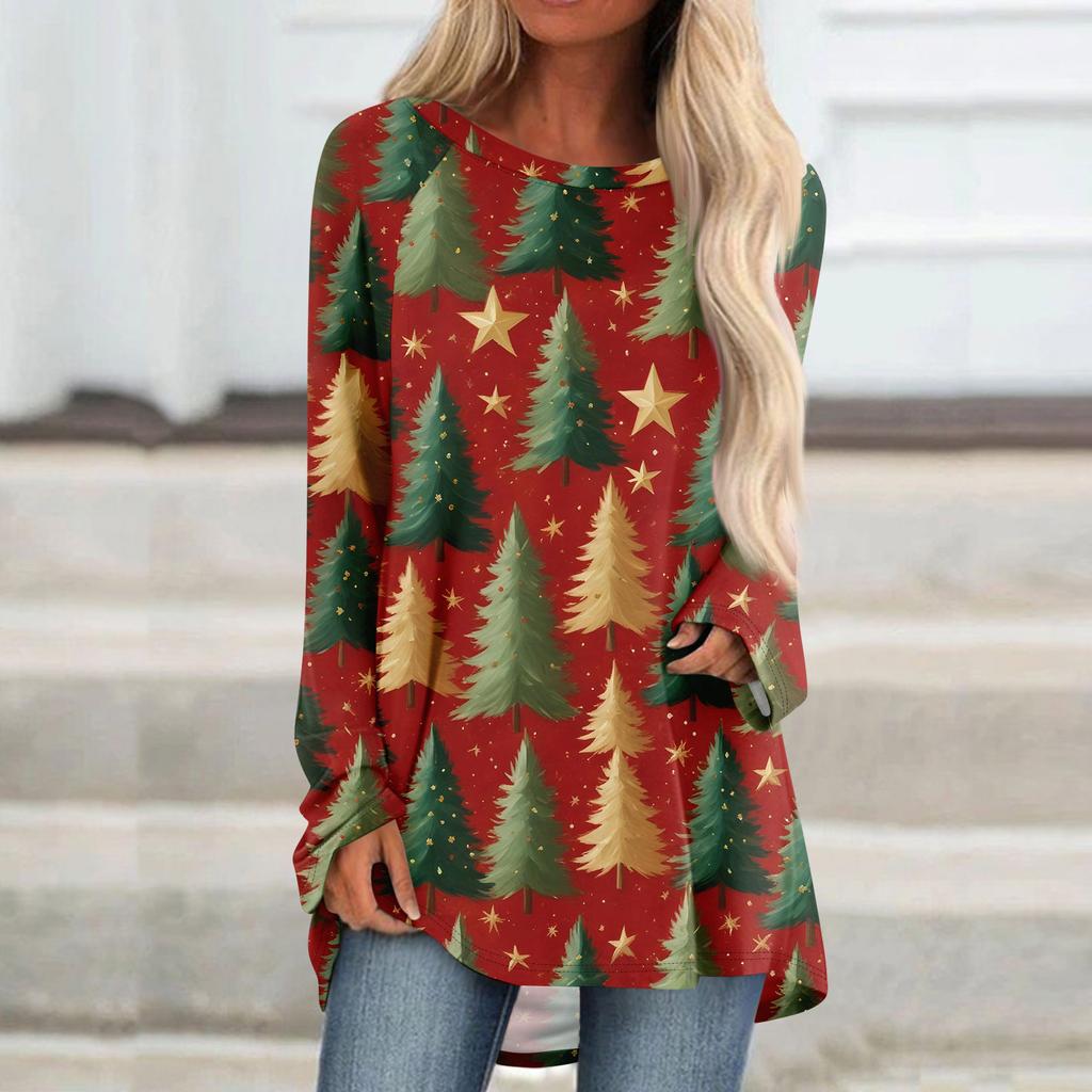 Women's Fashionable Loose Mid-length Round Neck Pullover Christmas Printed Raglan Sleeves Long-sleeved Casual Top