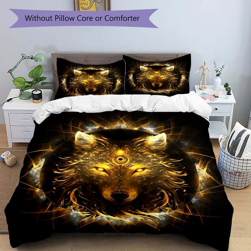 3pcs Golden Wolf Bedding Set - Includes 1 Quilt Cover and 2 Pillowcases, Comfortable Bedding with Stylish Design for Bedroom, Machine Washable -