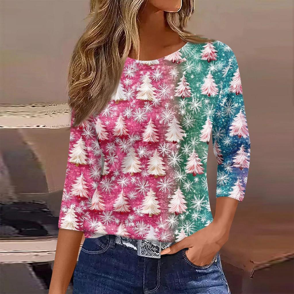 Женская футболка с рождественским принтом, рукав 3/4, повседневная, модная, на выходные, базовая, с круглым вырезом, стандартный топ