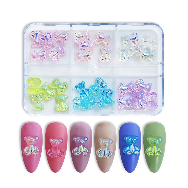 30pcs Aurora Mixed Resin Nail Charms 3D Ribbon Flower Bear Butterfly Nail Rhinestone Decoration Parts DIY Manicure Supplies