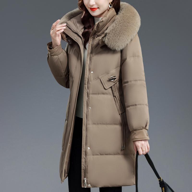 Middle Age Woman Winter Long Coats Hooded Faux Fur Collar Casual Thick Warm Parkas Women's Jackets
