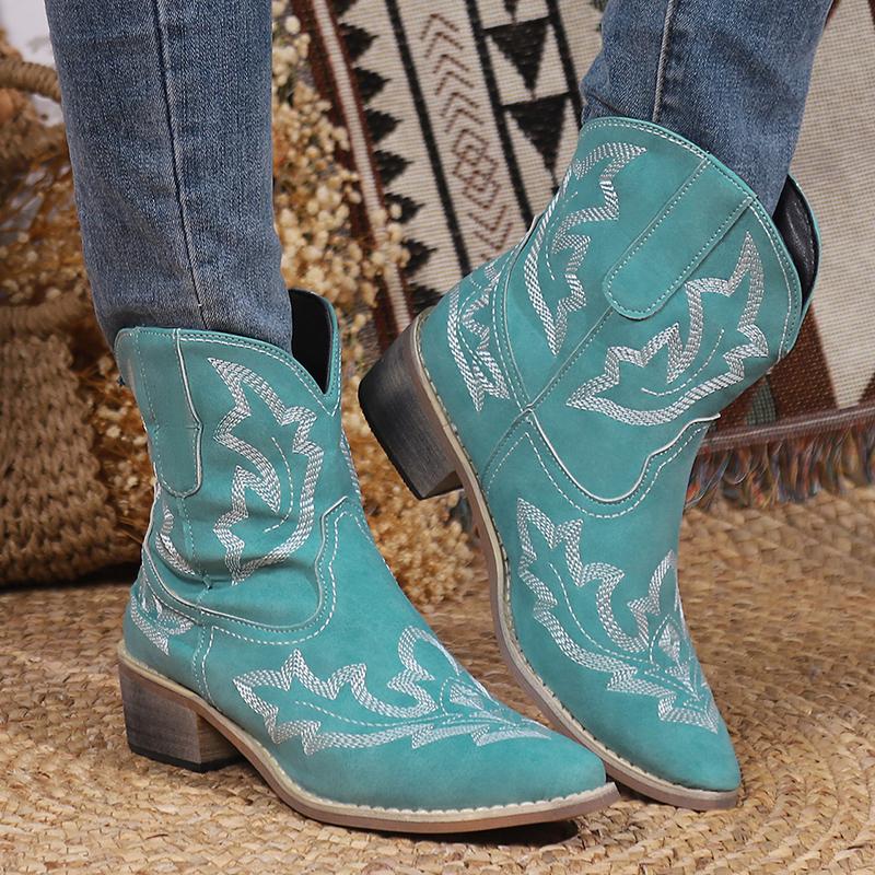Женские ковбойские сапоги с острым носком, очень массивные каблуки, вышитые ковбойские сапоги, женские ботинки с V-образным вырезом и широкими щиколотками