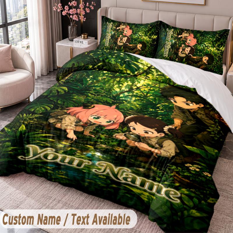 Custom Name Text 3Pcs Bedding Set Spy × Family Duvet Cover And Two Pillowcases