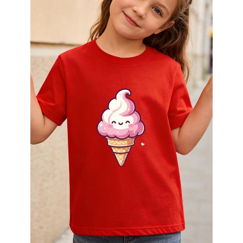 European sizes Girl's Round Neck T-Shirt with Cute Ice Cream Print, Casual, Comfortable, and Versatile, a Must-Have Summer Fun Gift