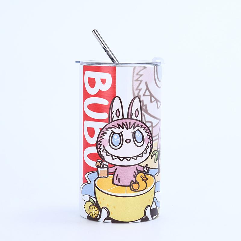 Мультяшный узор Лабубу из нержавеющей стали, изолированная чашка, простая кофейная чашка с соломой