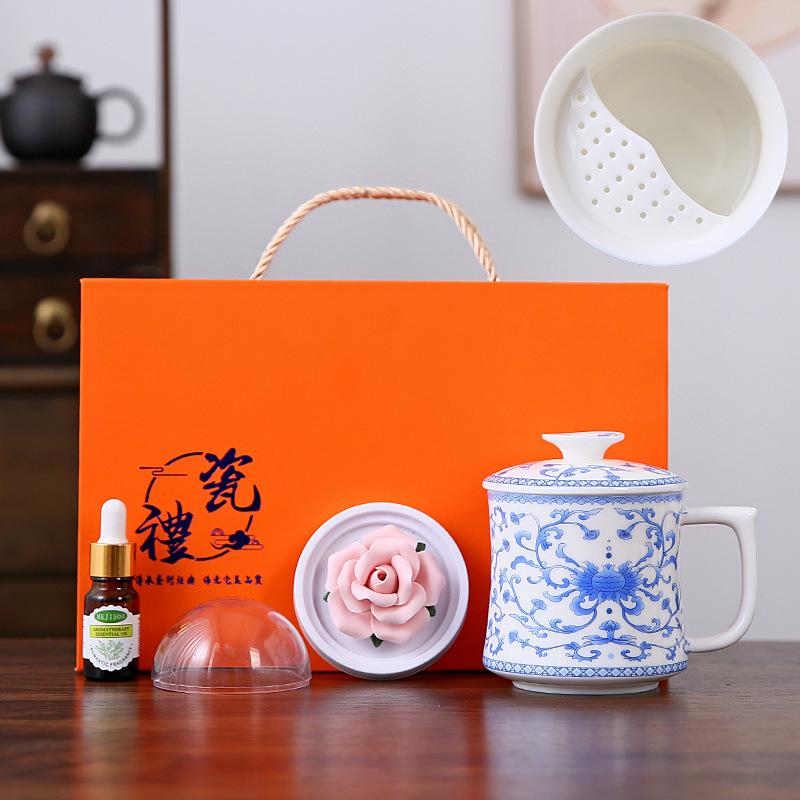 Guochao aromatherapy porcelain flower Dehua suet jade office cup teacup gift box for girlfriends and ladies with gifts for customers