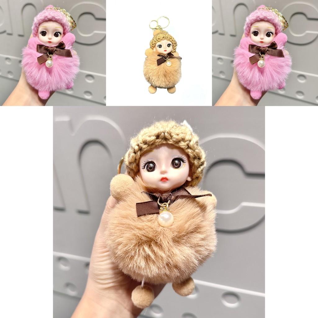 Cute Plush Big-eyed Doll Keychain With Colorful Bow For Stylish Bag Charm Collection