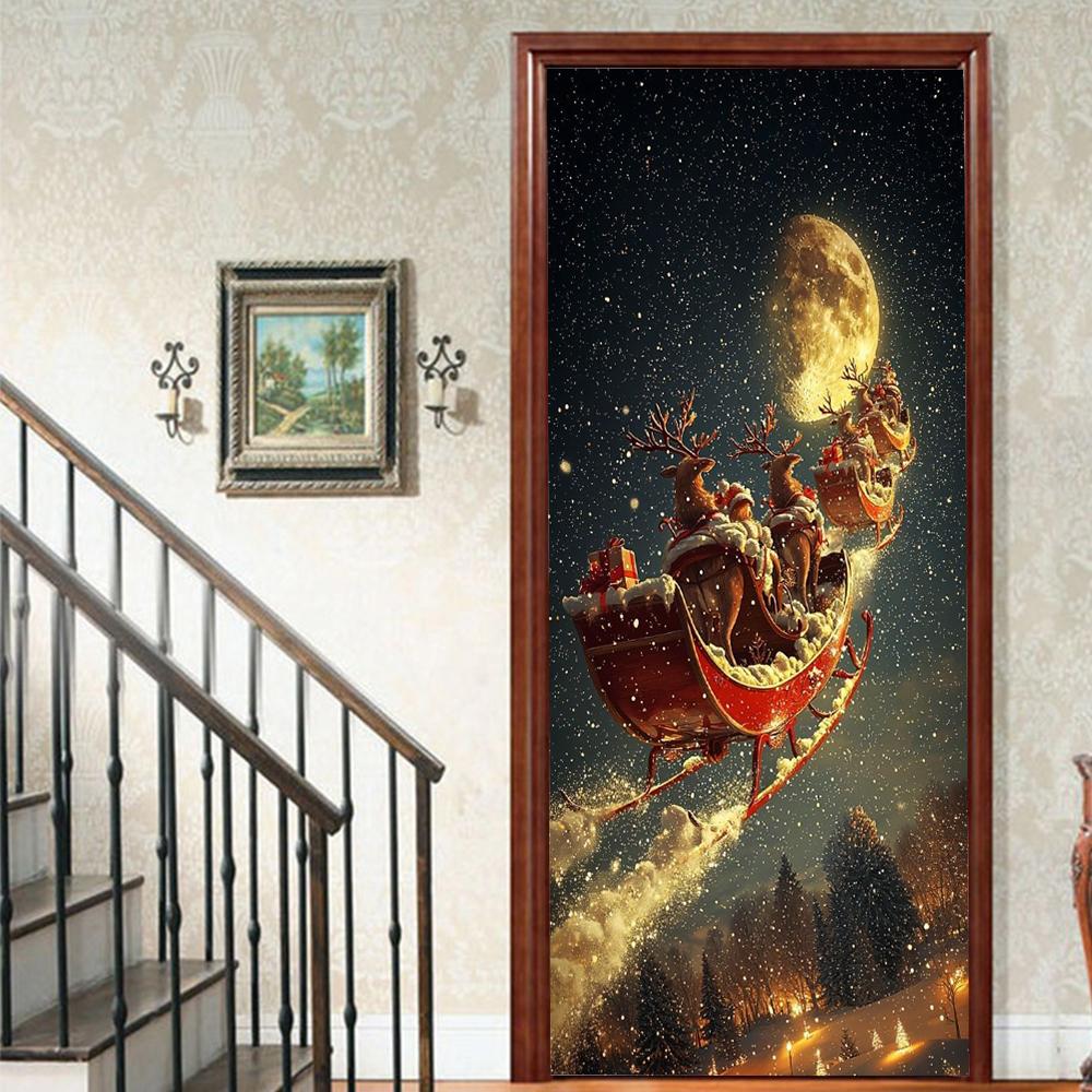 Рождественский Дед Мороз ПВХ Самоклеящаяся Водонепроницаемая Наклейка на Дверь Современная Имитация Фреска Обои Гостиная Кабинет Домашний Декор Искусство Постер на Дверь
