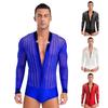 Mens Latin Dance Costume Sheer Mesh Long Sleeve Deep V Neck Velvet Patchwork Rhinestone Bodysuit
