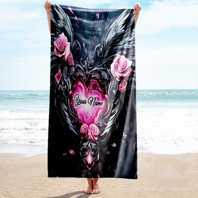 1PC Custom Name "Angel Wings Heart Roses" Beach Towel Highly Absorbent And Sand-Resistant Towel for Swimming, Pool, Yoga, And Travel Lightweight