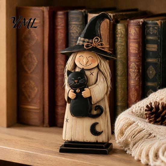 Festival Atmosphere Decorative Accents Wooden Witch Ornament, Retro Halloween Figurine with Broom/Pumpkin/Black Hand Painted Black Cat Cat,