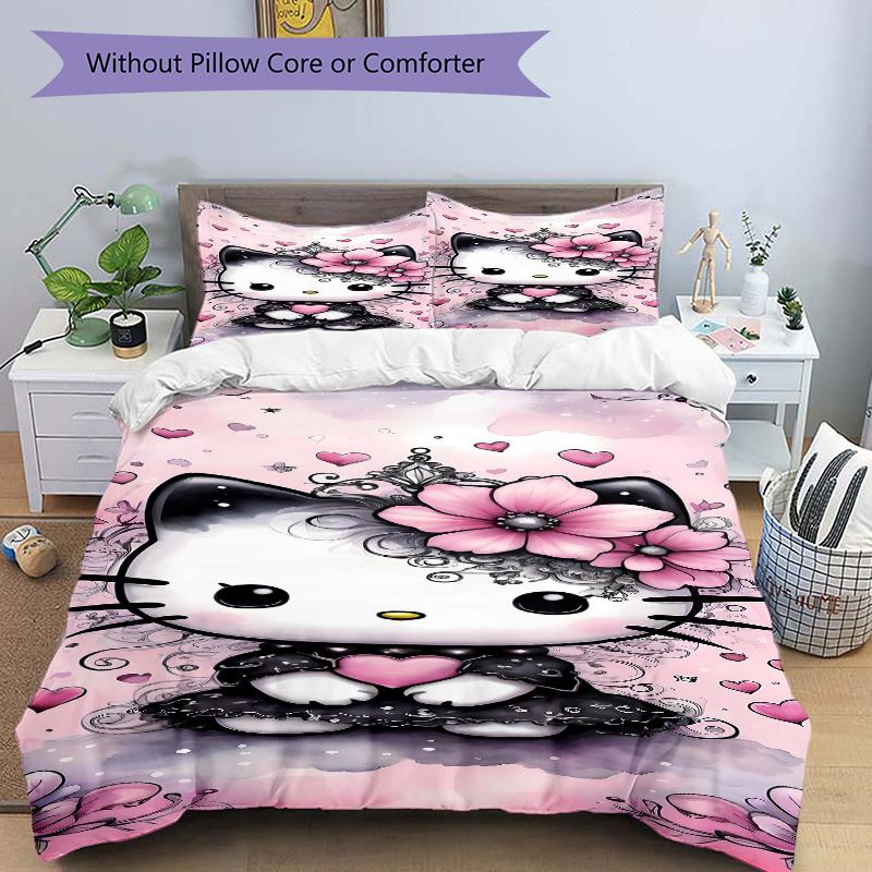 3 шт. Комплект постельного белья с принтом Розовые Цветы и Hello Kitty, Мягкий и Удобный Пододеяльник для Спальни, Гостевой Комнаты (Не включено).S070