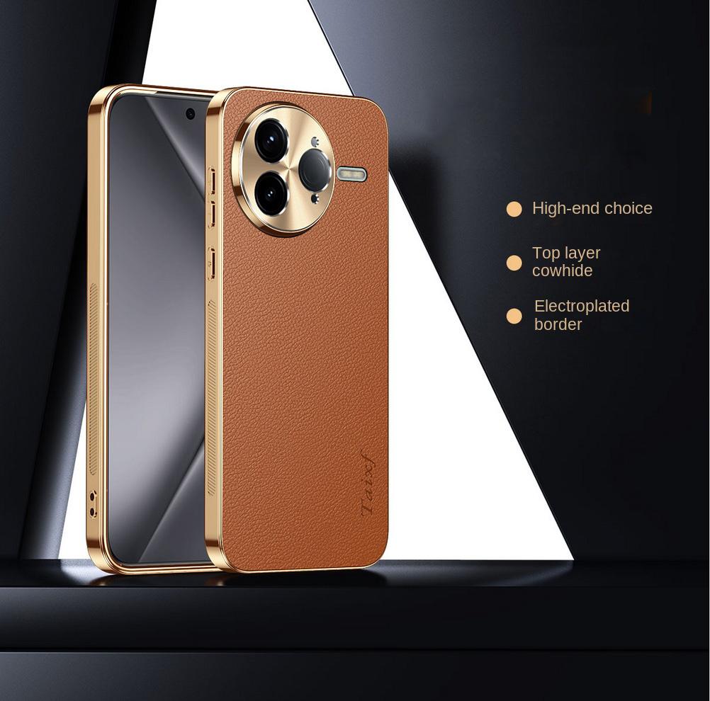 First Layer of Cowhide Lychee Texture Electroplated Frame Case For Poco F7 Ultra F7 Pro POCO X7 Pro F6 Pro F5 Lens Protect Cover