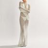 Women Long Sleeve Crochet Knit Sexy Backless Cut Out Elegant Summer Beach Holiday Maxi Dress