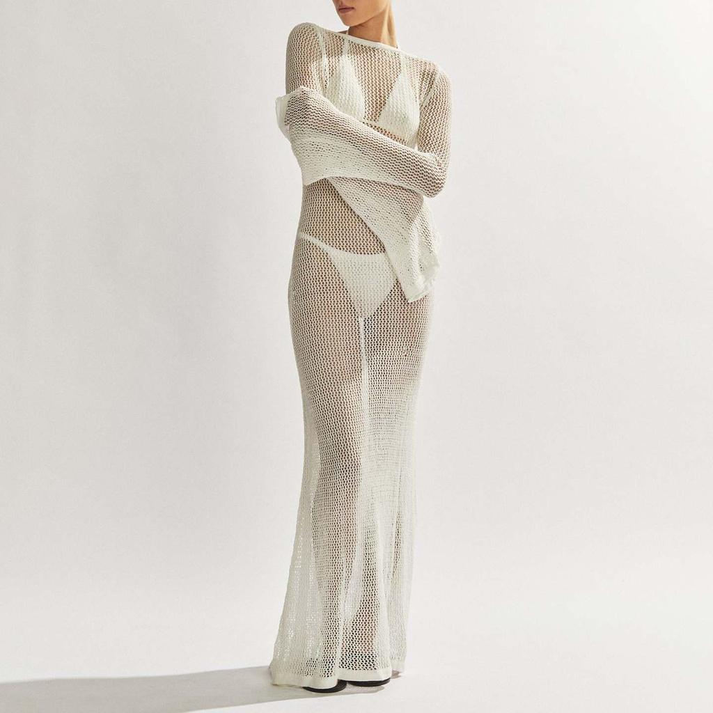Women Long Sleeve Crochet Knit Sexy Backless Cut Out Elegant Summer Beach Holiday Maxi Dress
