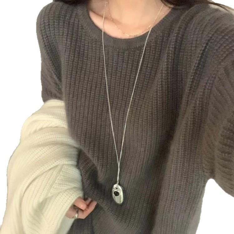 Женский свитер с французским круглым вырезом - Осень/Зима, Свободный крой, Мягкая вязка, Ленивый стиль, Толстый дизайн