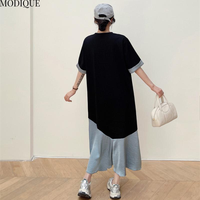 MODIQUE Summer Plus Size New Women Basic Loose Color Matching Patchwork Pleated Long Dresses Female Casual Short Roll-up Sleeve O-Neck Dresses