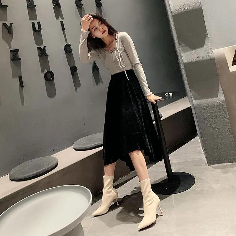 Модные женские ботинки Осень Зима Эластичные тканевые носки Ботинки до середины икры Сексуальные женские туфли на тонком высоком каблуке Острый носок Женские туфли-лодочки 2025