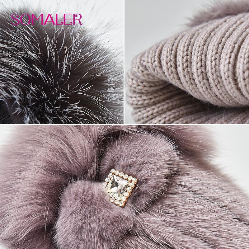 SOMALER Вязаные шапки из натурального норкового меха для женщин, зимняя теплая шапка из лисьего меха с украшением, уличная шапка с черепом