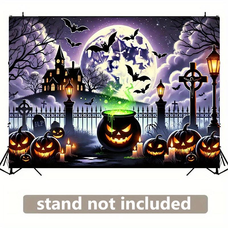 Scary Halloween background featuring pumpkin lanterns full moon and haunted house - polyester wall flags.PMJ