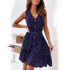 2024 Women's White Black Blue Wave Point Dress Sleeveless V-neck Polka Dot Buttons Ruffle Hem Dresses