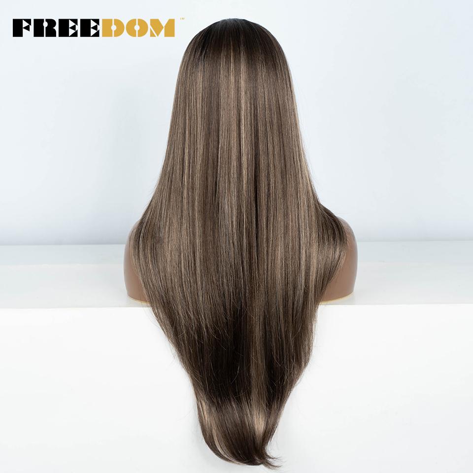 FREEDOM 28 Inch Straight Synthetic Lace Front Wigs For Women Ombre Brown Blonde Highlight Layer Cosplay Lace Wigs Heat Resistant