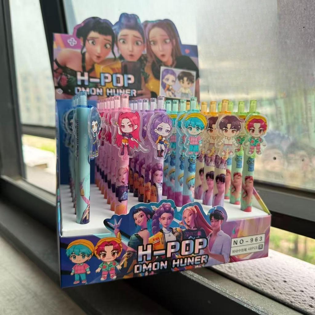 Kawaii K-POP Demon Hunters Gel Pen, 0.5mm Black Ink Acrylic Patch Pen, Cute Retractable School Supplies