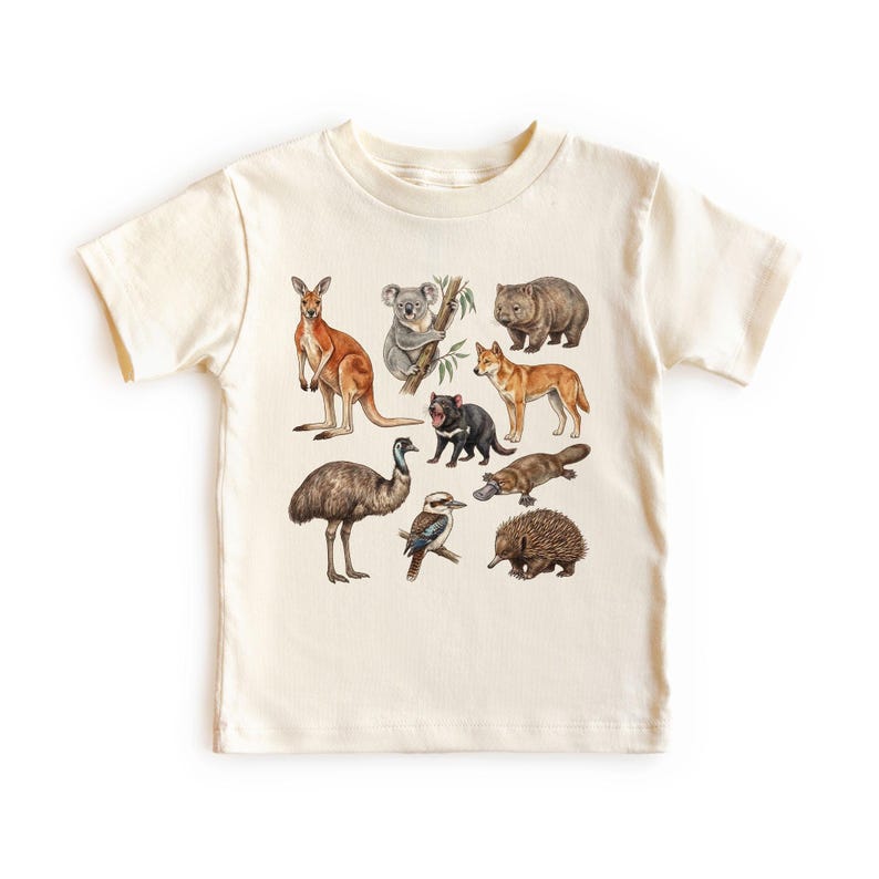 Australian Animals Field Guide T-Shirt: Kangaroo, Koala, Wombat, Dingo, Tasmanian, Platypus, Emu, Kookaburra, Echidna