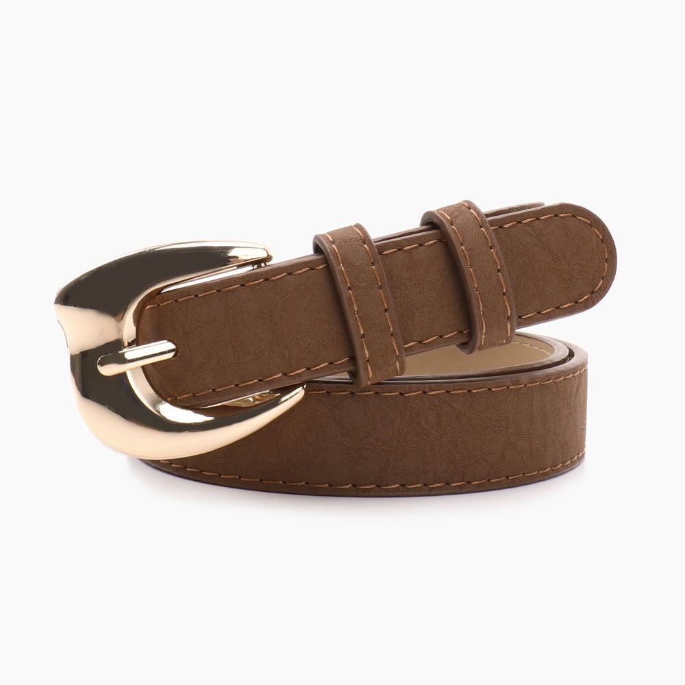 Minimalist PU Leather Belt Gold Alloy Buckle Faux Leather Waistband Slim Waist Strap For Women