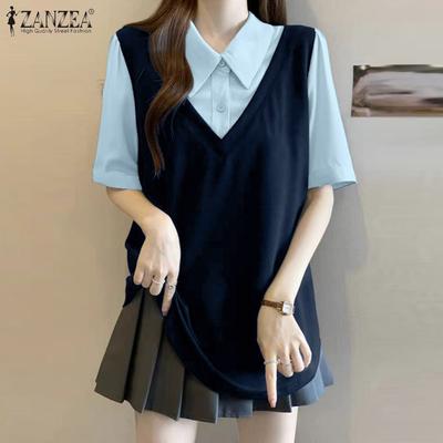 Женская летняя блузка с отложным воротником, повседневная, с коротким рукавом